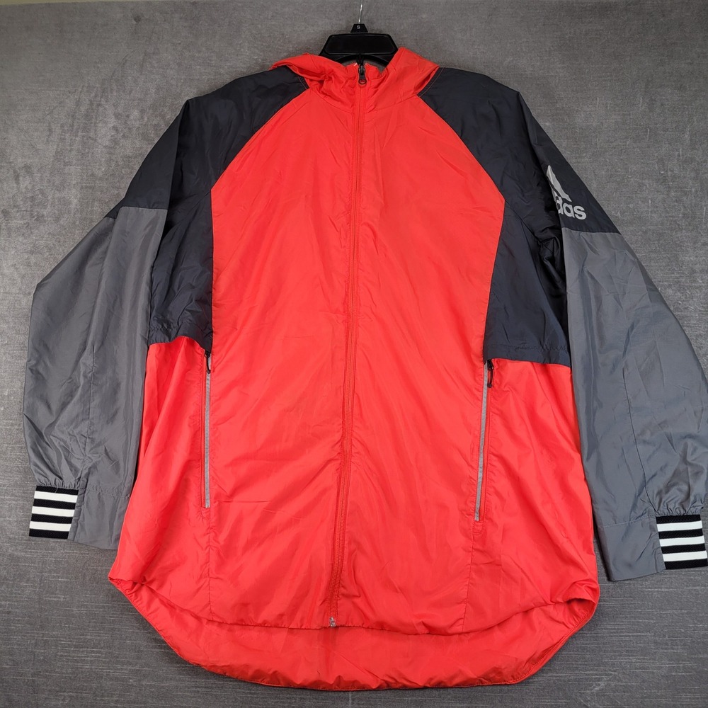 Adidas Windbreaker Jacket Mens XL Red Colorblock Hooded Full Zip Mesh Lined